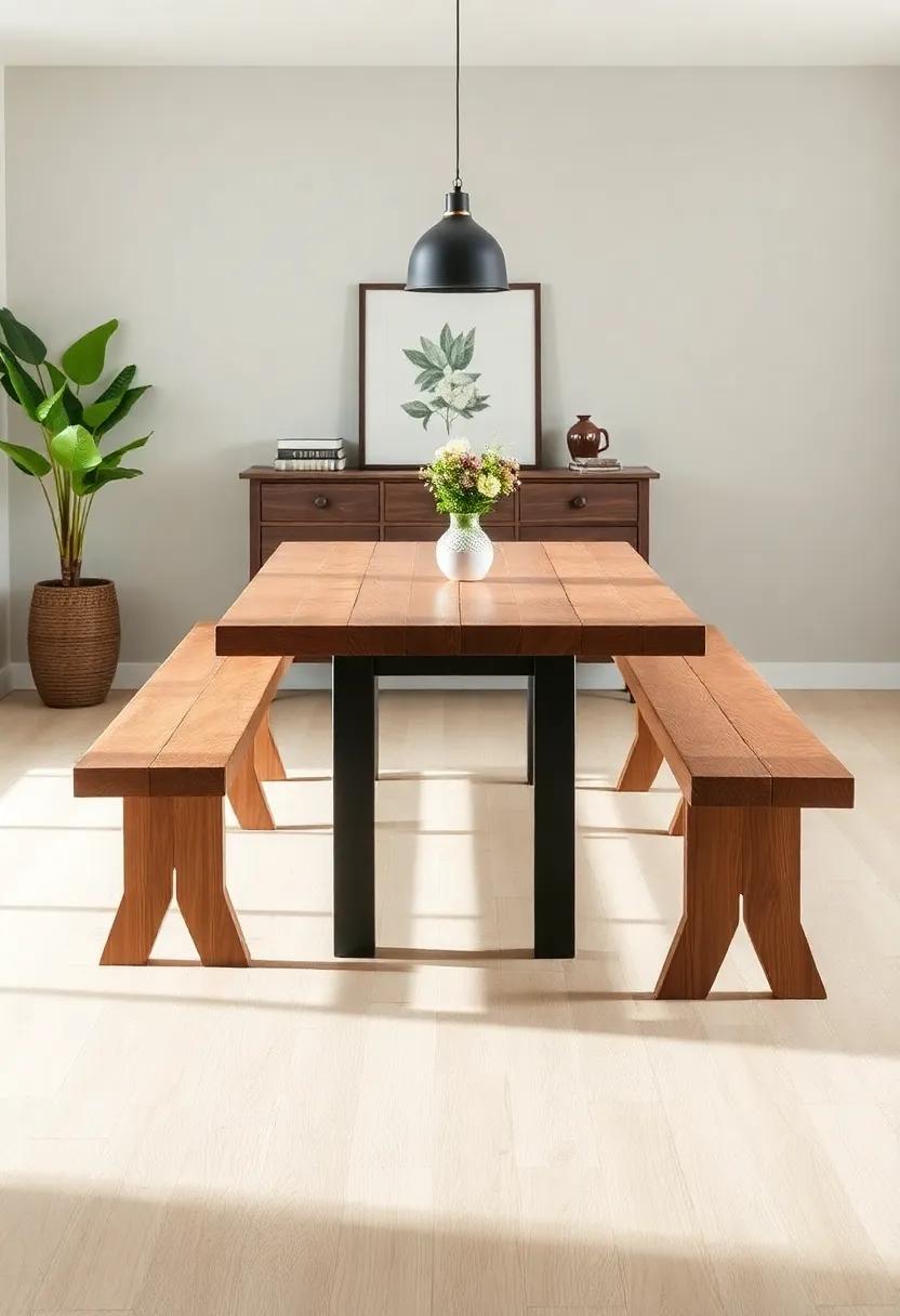 Farmhouse Bench: Pair a rustic table with a long wooden bench for an informal and communal dining experience perfect for family gatherings