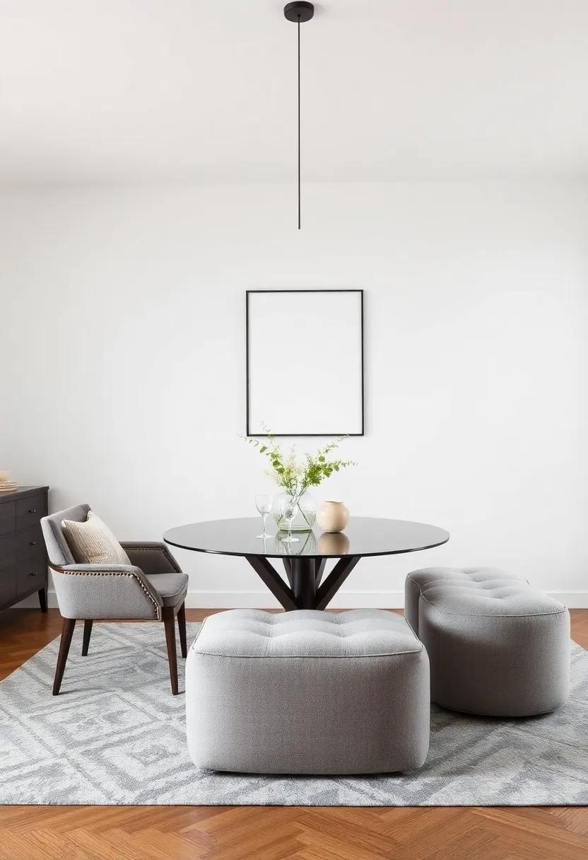 Ottoman Accents: Replace traditional seating with plush ottomans for a casual, comfortable dining experience that invites relaxation