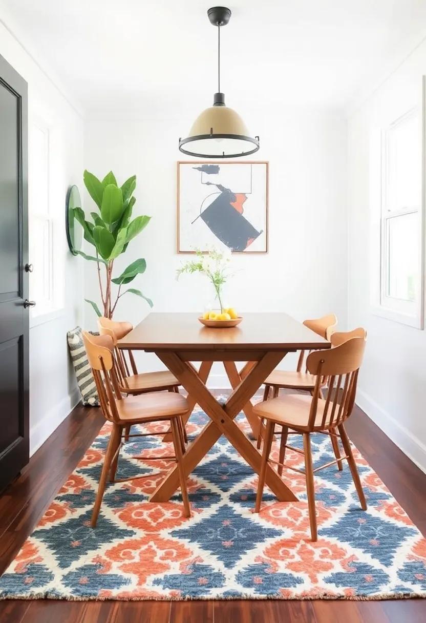 21)‍ Statement Flooring: Consider a bold area rug that defines the dining space while adding a splash of‌ color​ and texture