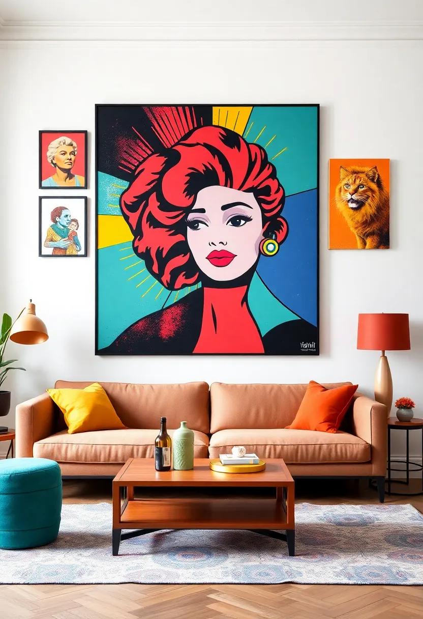 Pop Art Explosion: Infuse‌ your‍ space⁤ with bold, vibrant pop art ‌that celebrates culture and‌ nostalgia. Choose iconic images and playful colors to ​create a ‍lively focal ⁤point in your living area