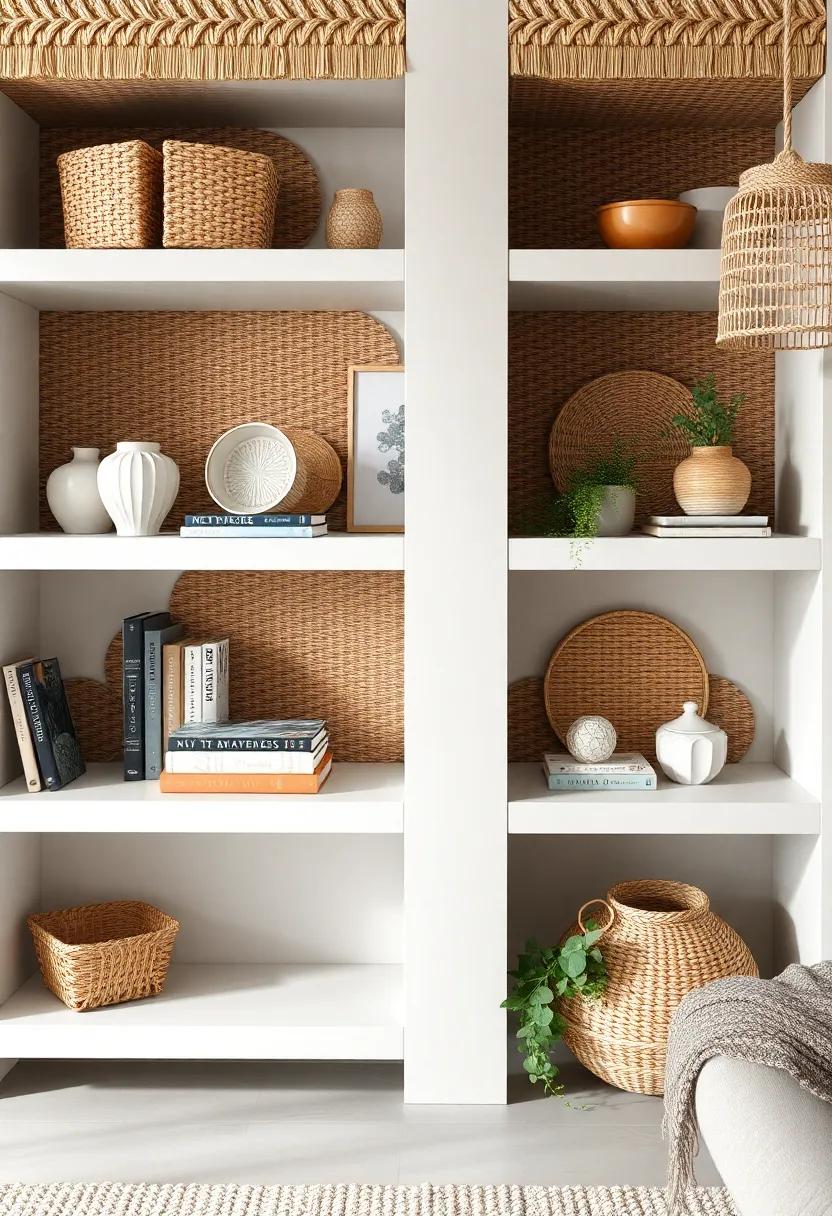 Creative displays: Use woven elements in your shelving to display books and decor items, creating a cohesive design theme