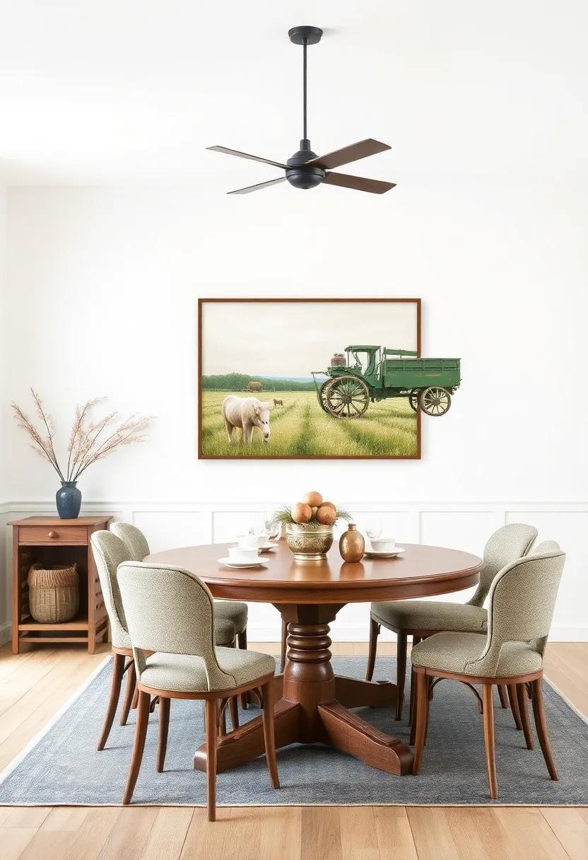 Choose Farm-Inspired Art: Decorate your walls with farm-themed artwork or vintage farm equipment to reinforce the farmhouse vibe and spark conversation