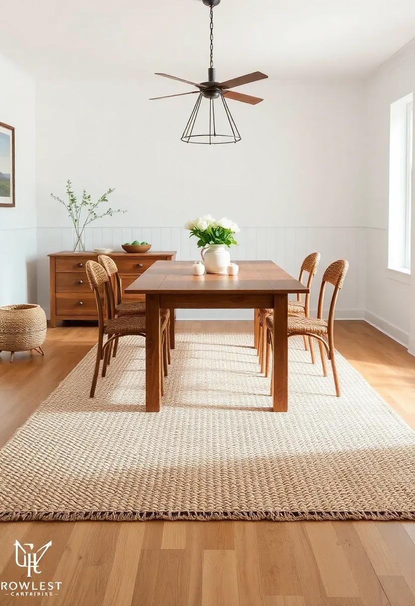 Incorporate a Woven Rug: Layer your dining area with a textured, woven rug to add warmth and comfort underfoot, enhancing the rustic atmosphere