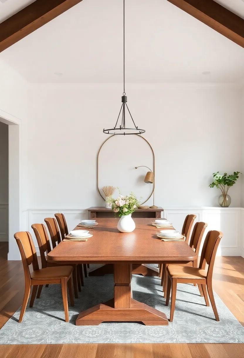 Use a Farmhouse Table: Invest in a sturdy, wooden farm-style table that welcomes family gatherings, combining rustic aesthetics with functionality