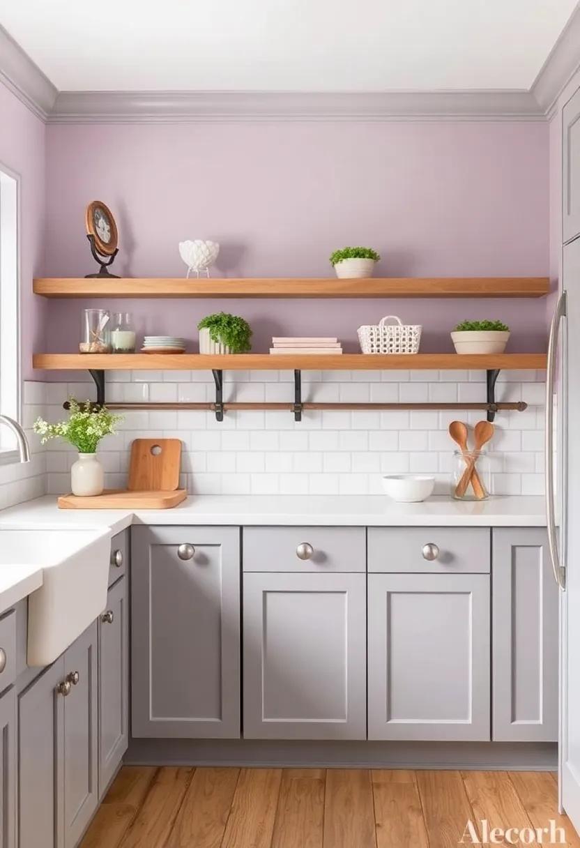 Dusty Lavender and Soft Gray: Introduce a hint of color with ‍dusty lavender walls paired with soft gray fixtures for an enchanting and cozy kitchen