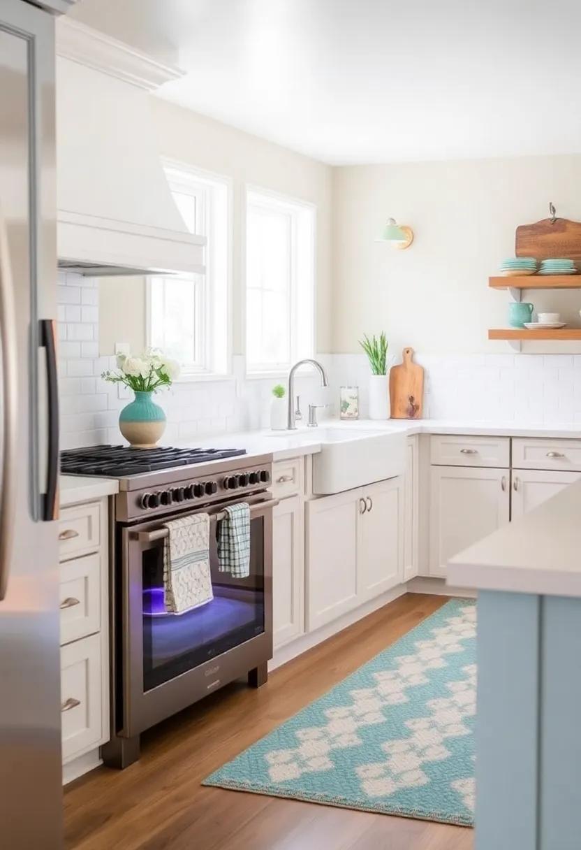Sandy Beige and Cool Teal: Create a coastal-inspired palette with sandy beige walls and cool teal⁢ accents‌ for a relaxed yet stylish farmhouse kitchen