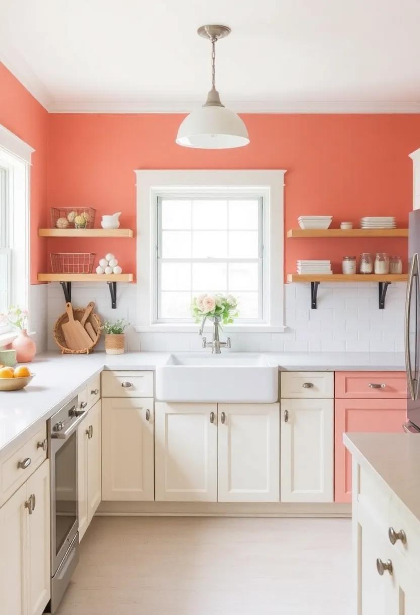 Soft Coral⁤ and Cream:⁤ Infuse brightness with soft coral touches⁣ against cream​ walls to cultivate a lively and⁢ cheerful kitchen atmosphere