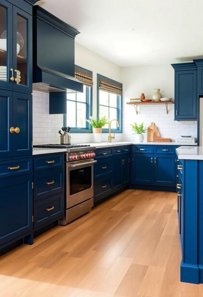 Velvet Blue​ and Antique Brass:⁤ Opt for deep velvet blue cabinets accented with antique⁢ brass ​hardware, embodying a luxurious ⁢yet cozy farmhouse charm