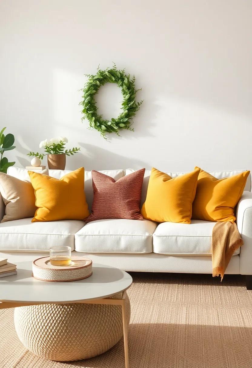 Layer muted gold throw pillows over a soft, cream-colored sofa to add warmth and richness without overwhelming the space