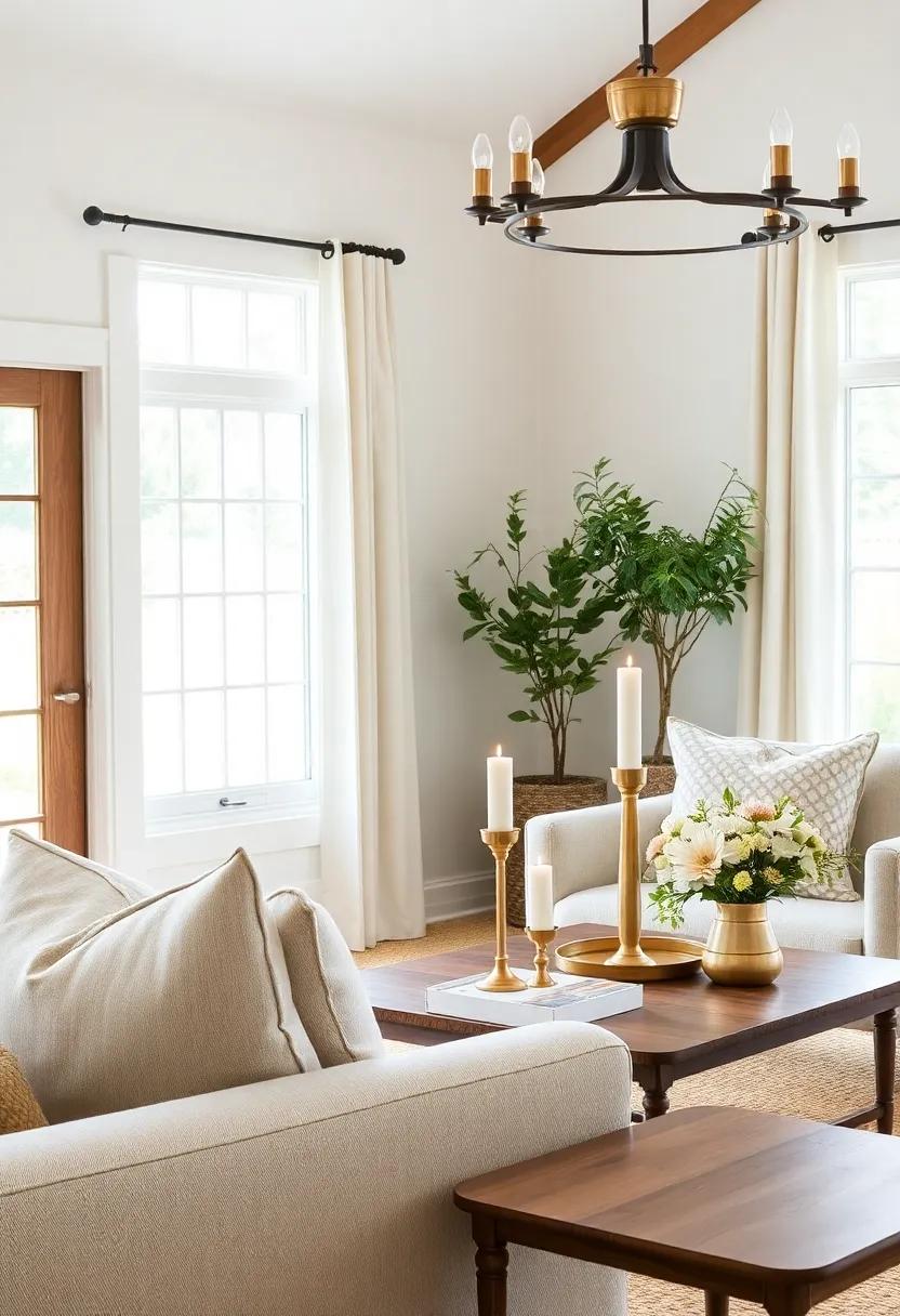 Display muted gold candlesticks on the mantel or side tables as understated decor pieces that bring a touch of sophistication to the atmosphere