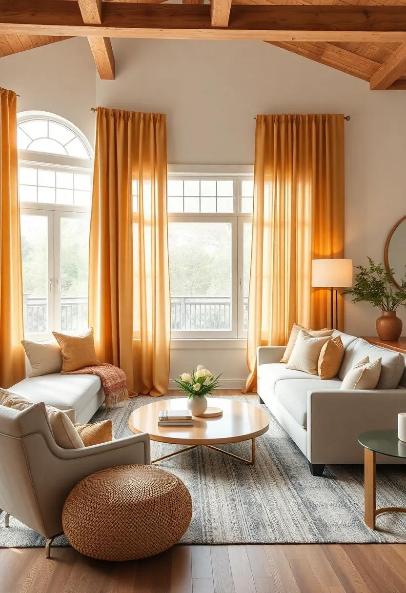 Opt for muted gold curtains that drape elegantly by large windows, allowing natural light to filter through while adding a hint of luxury