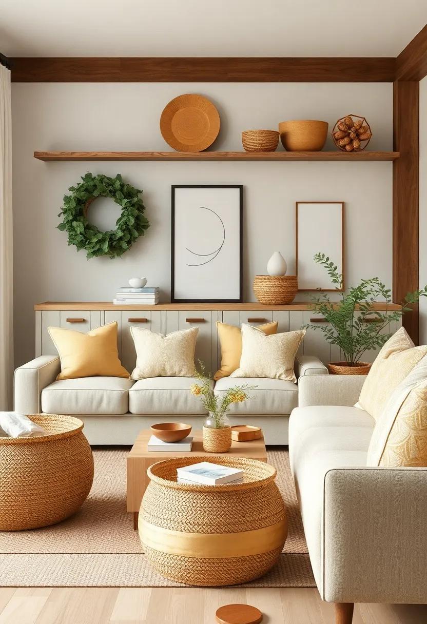 Incorporate natural elements such as wooden bowls or woven baskets alongside muted gold accents for a balanced and inviting homey feel