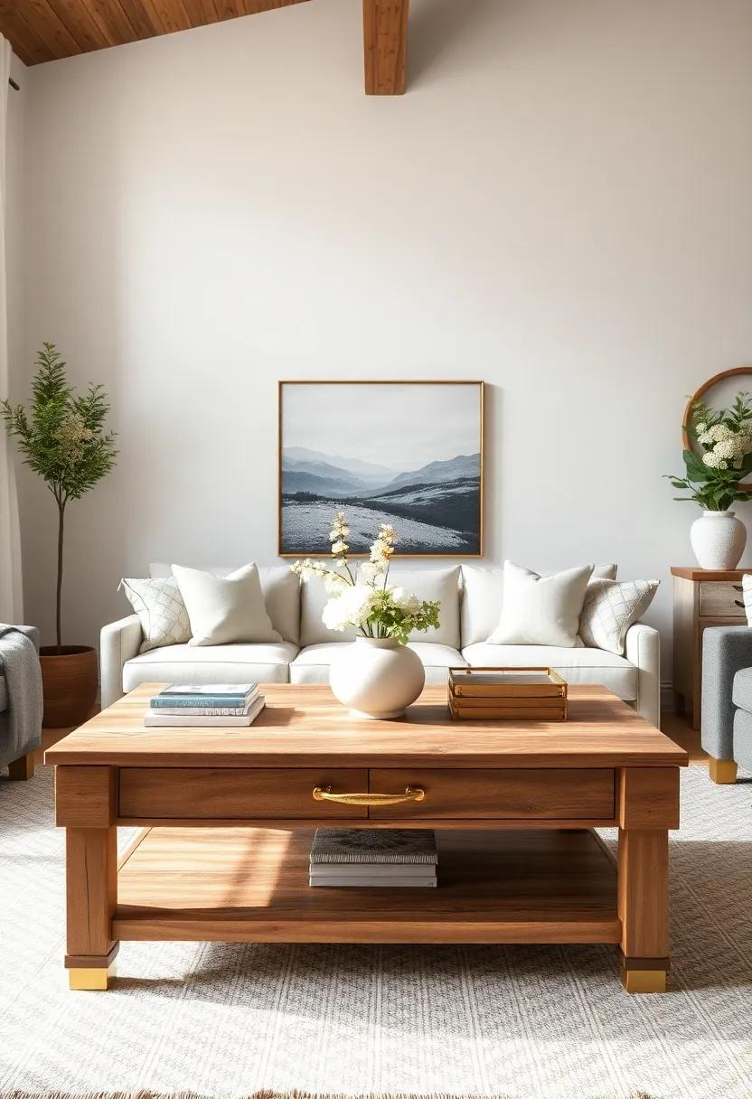 Incorporate a rustic wooden coffee table with muted gold hardware details, creating a focal point that blends farmhouse charm with elegance