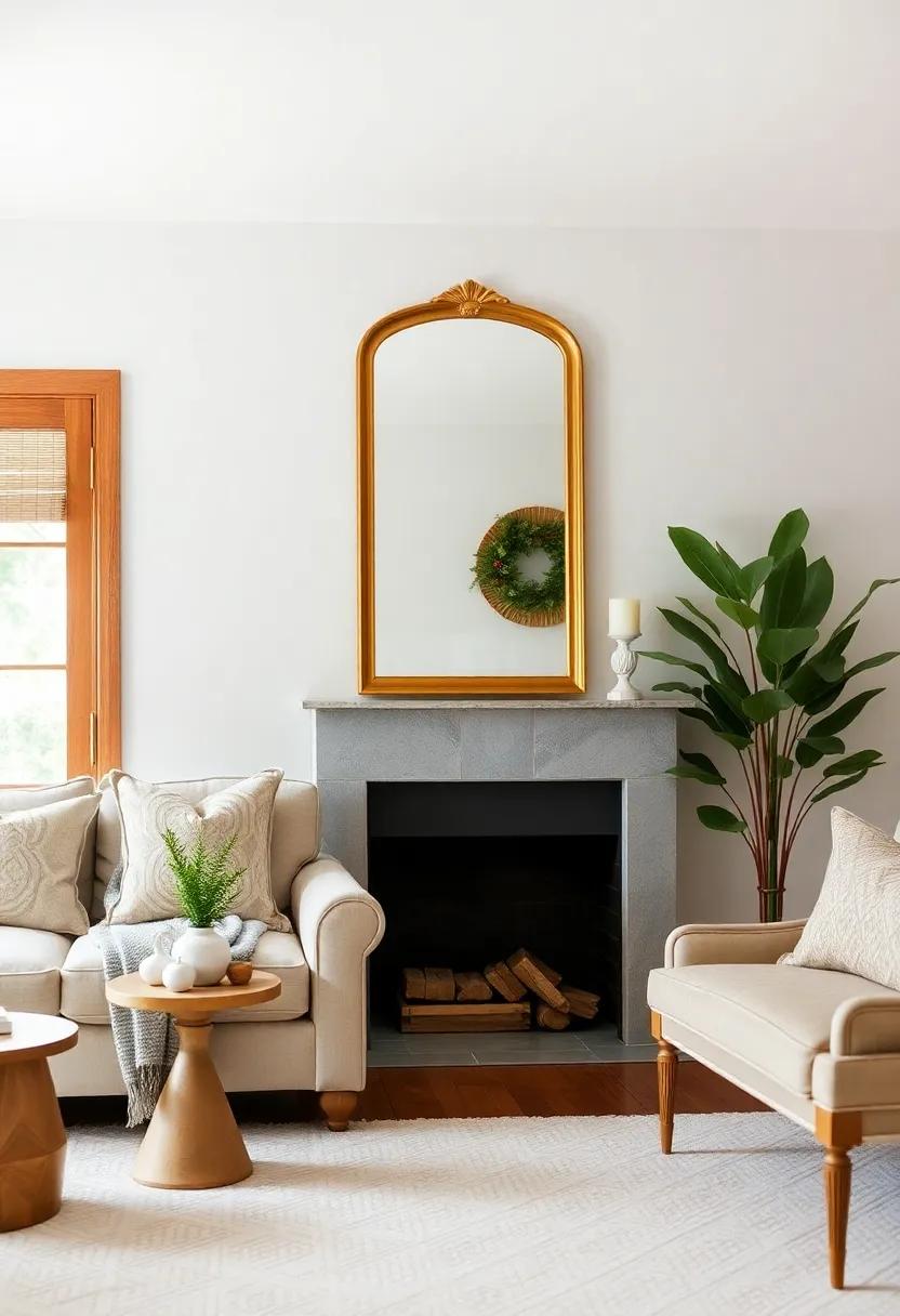 Use muted gold-framed mirrors to reflect light and make the living space feel larger while enhancing the overall aesthetic