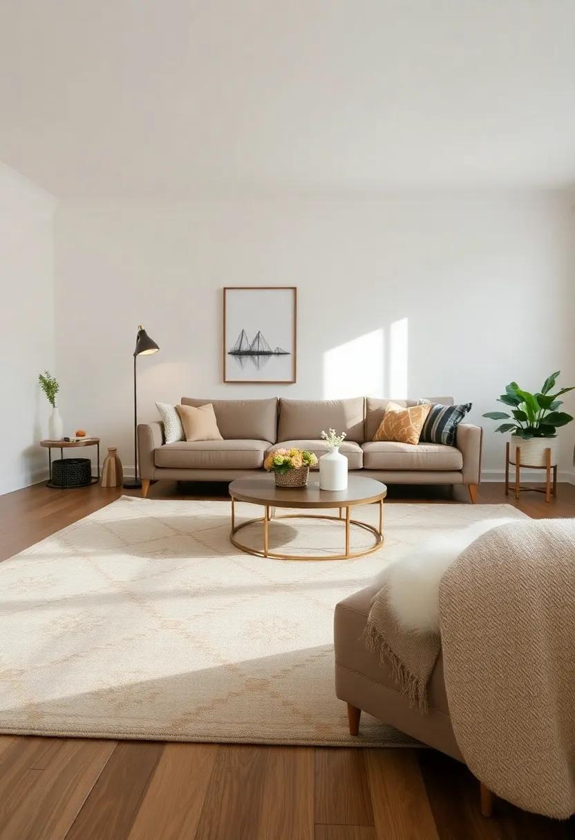 Choose an area rug in muted tones that feature subtle gold patterns, unifying the elements of the room without being too bold