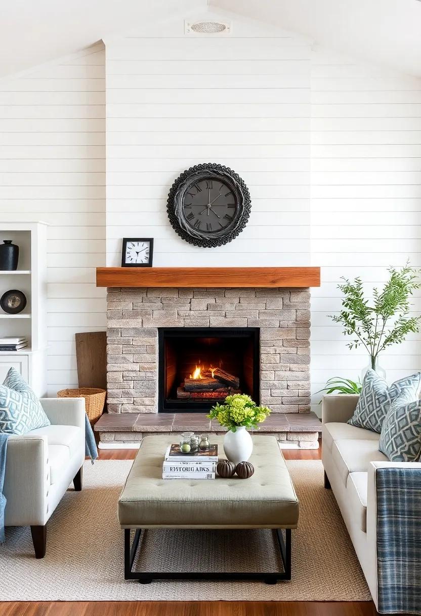 Fireplaces as Focal Points: ⁣Enhance a shiplap wall with a stylish fireplace to create warmth and a gathering place in the room