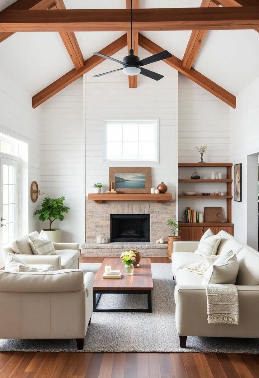Warmth of Wood: Use reclaimed wood accents like​ beams or furniture to enhance the rustic charm of shiplap