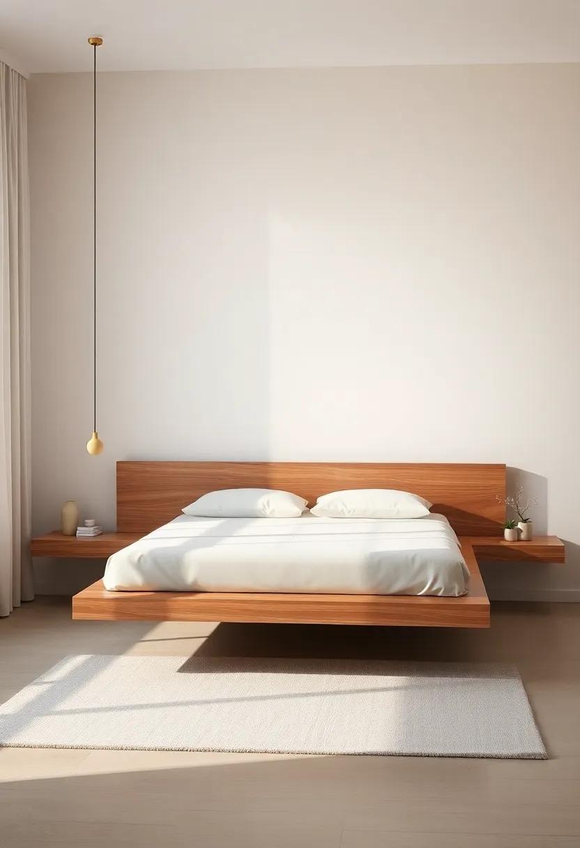 minimalist Modern Floating Bed: Embrace simplicity with a sleek wooden frame that ‌elevates your bedroom’s contemporary aesthetic