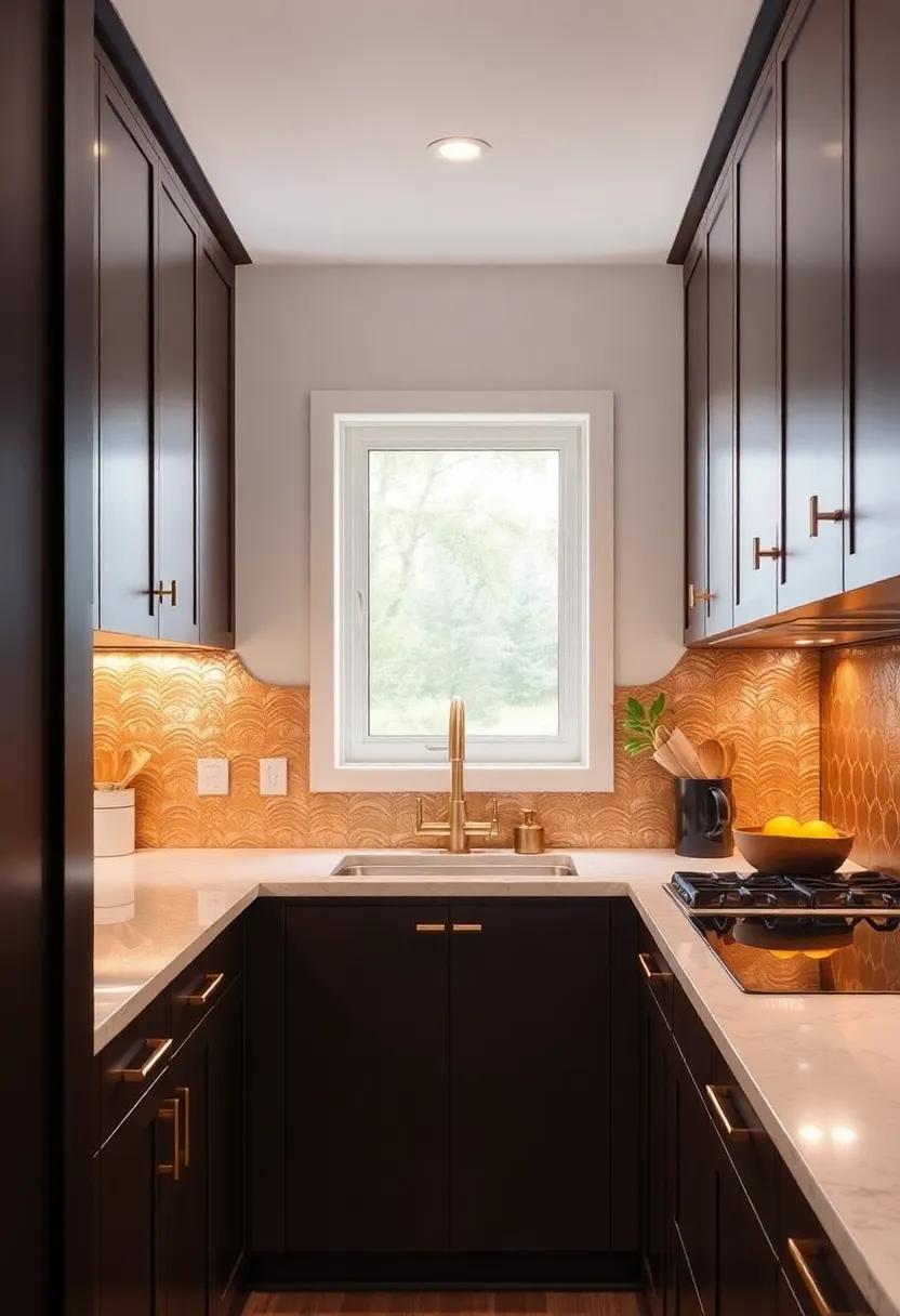 Metallic Accents: Introduce a touch of glamour with a copper or brass sheet backsplash that catches the light and elevates your galley kitchen's style