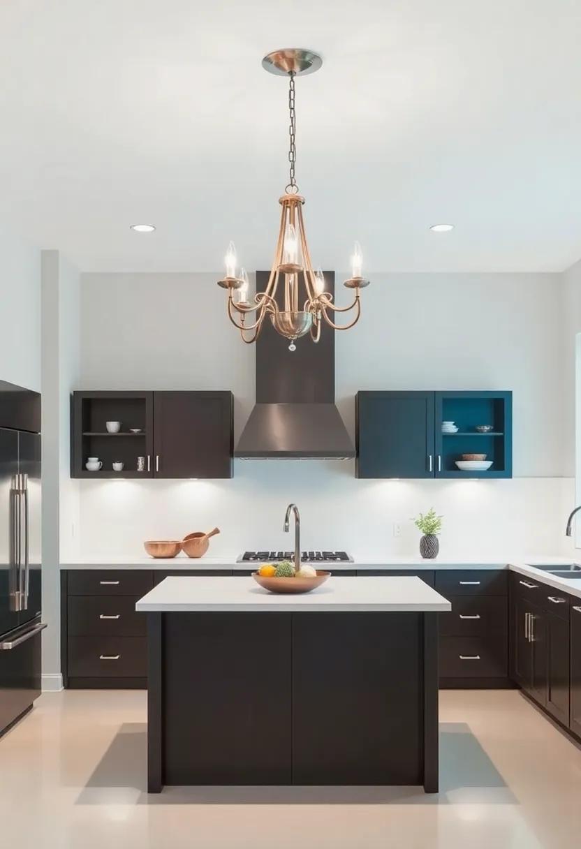 Choose Statement Chandeliers: Select a chic chandelier that complements your kitchen style, providing an eye-catching centerpiece