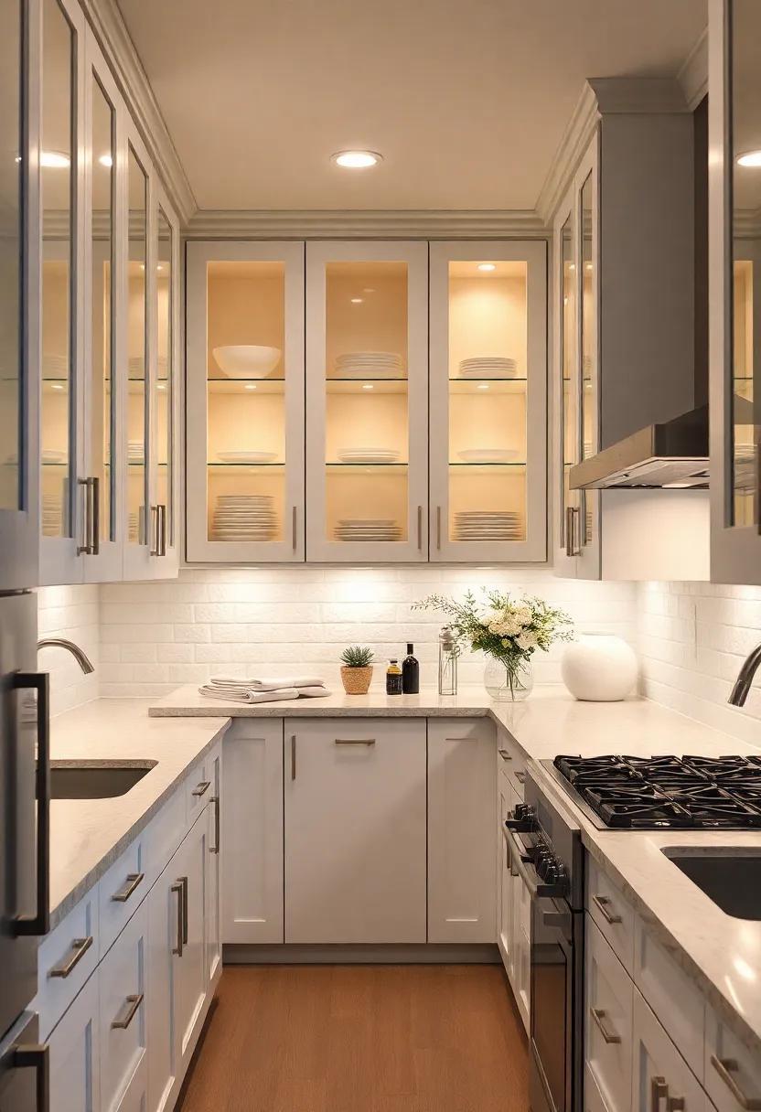 Install Lighted Cabinetry: Consider glass-front cabinets with backlighting to create a beautiful display of dishes while illuminating your kitchen