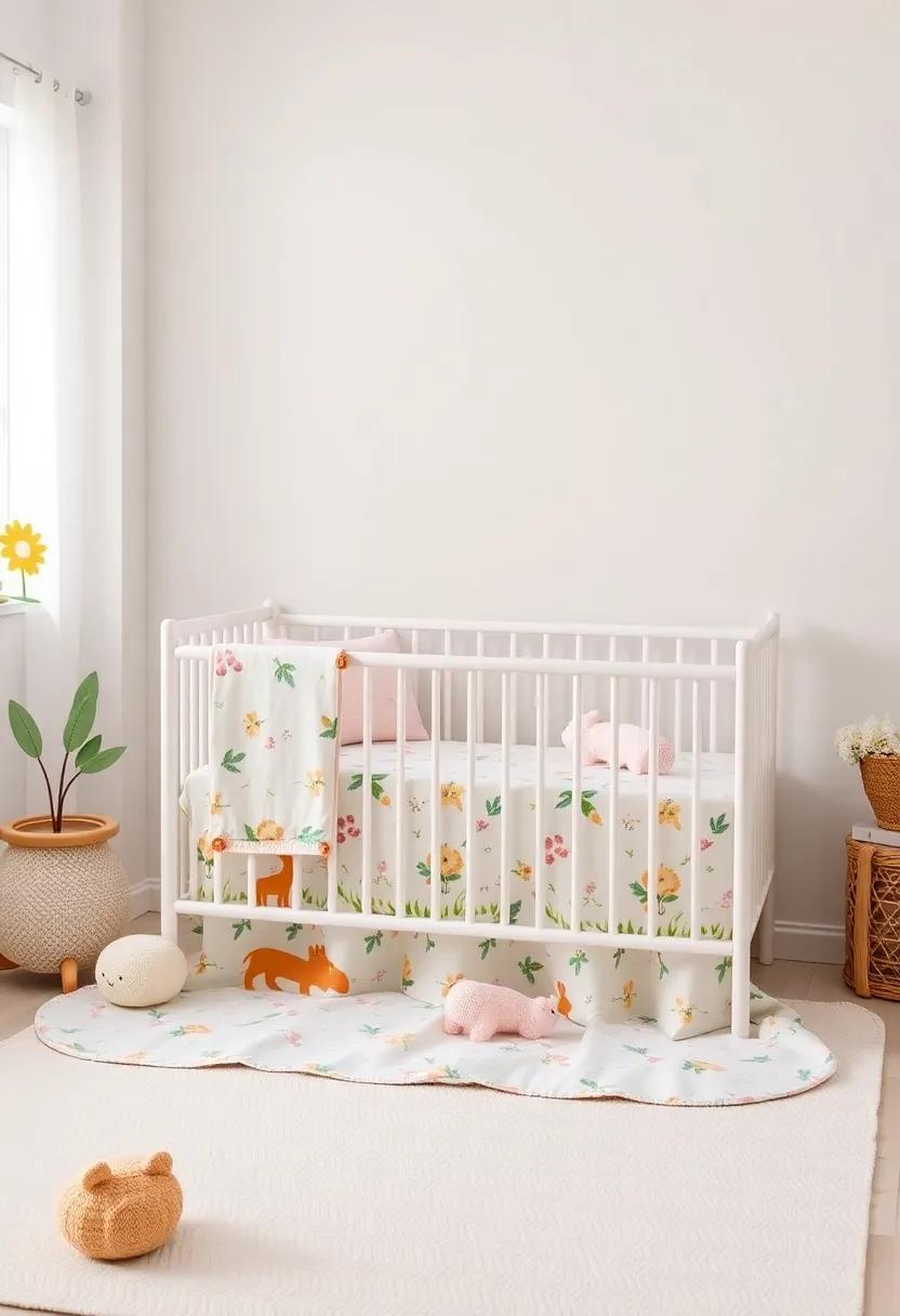 lovely Crib Bedding Featuring Playful Patterns Of Flowers And Friendly Animals