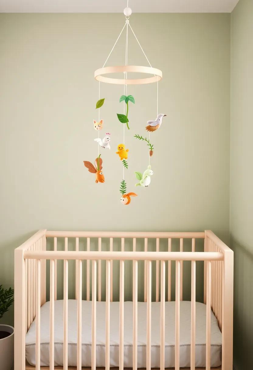 Playful Nature-Themed mobile Hanging above The crib‌ Featuring Cute Garden Creatures