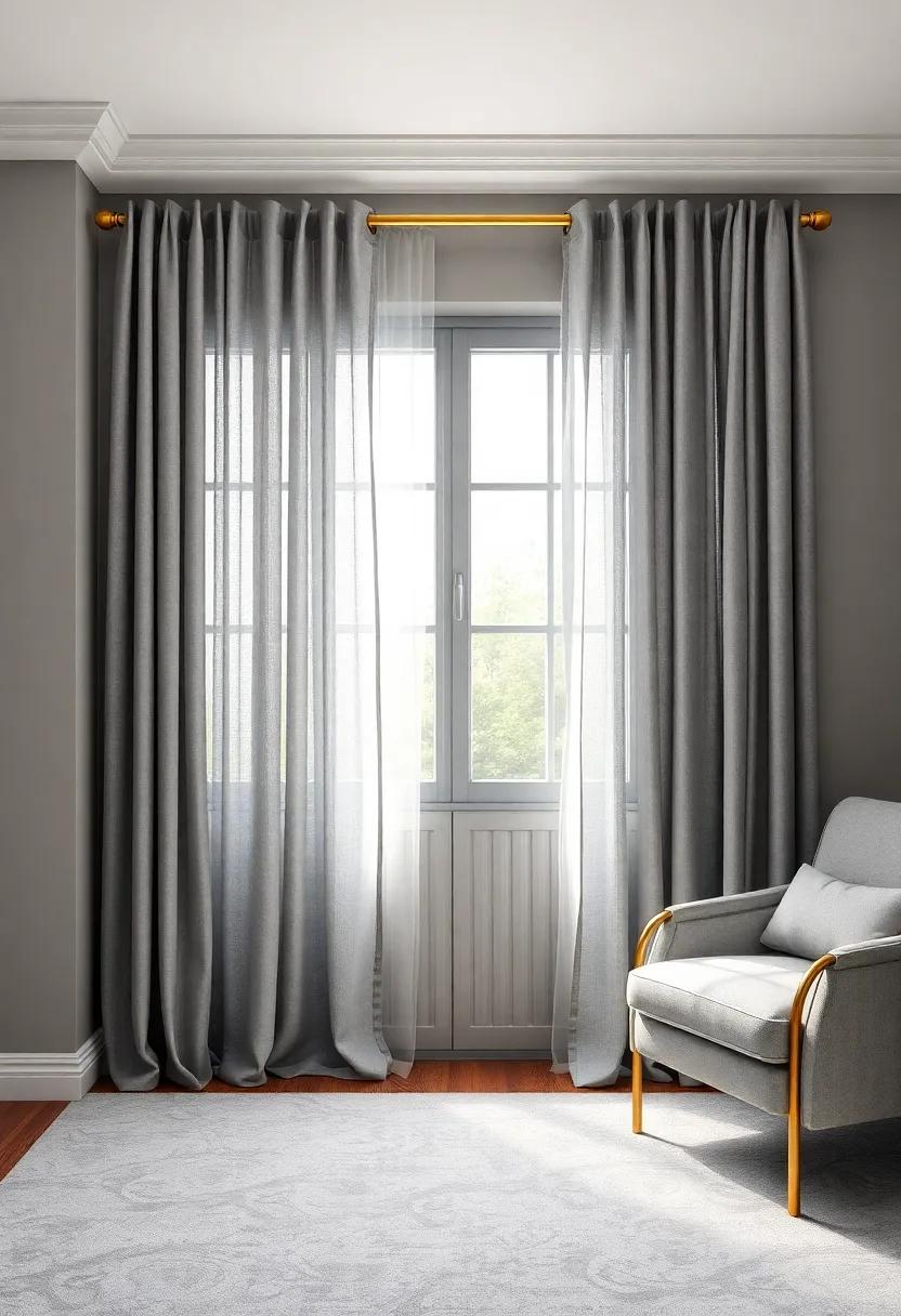 Gold Accented Curtains: Hang sheer gray curtains with​ gold hardware to allow ​sunlight to ​filter through while maintaining a sophisticated look
