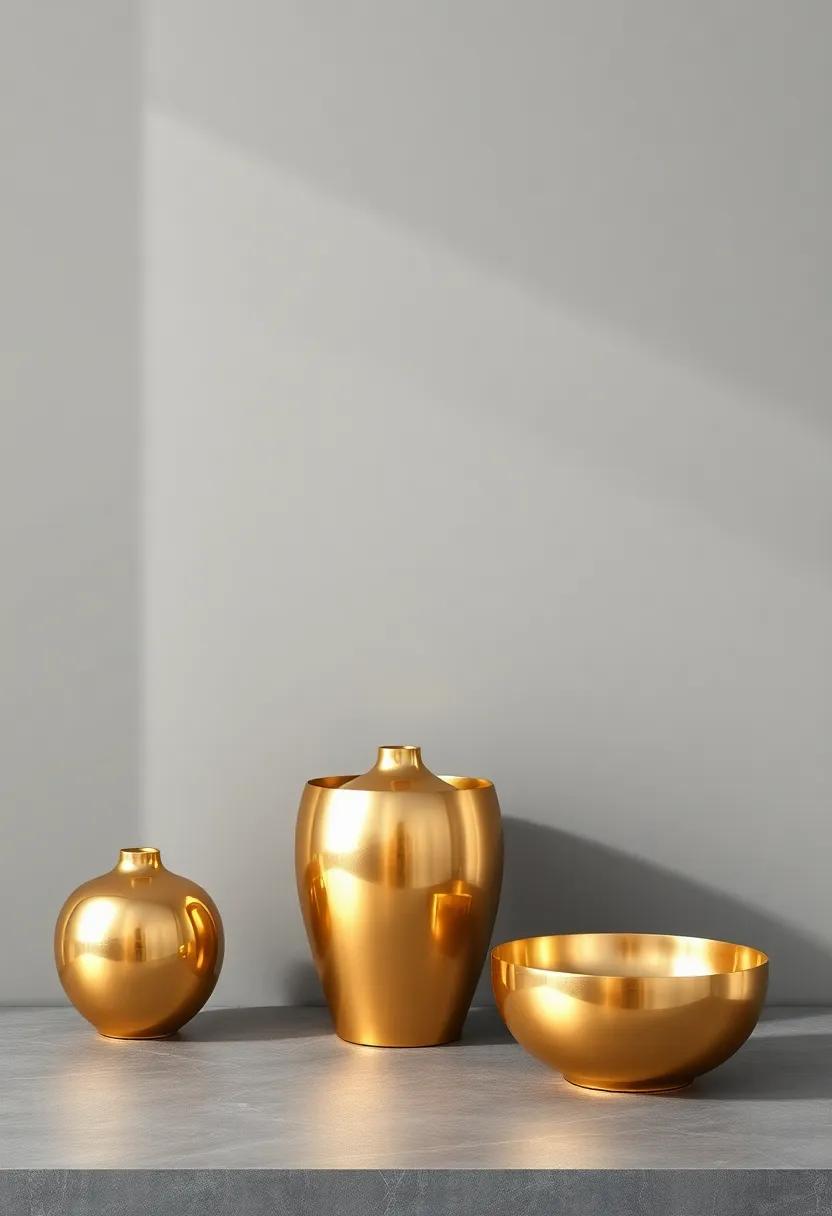 Decorative​ Gold Vases: Incorporate ⁢gold vases or decorative ​bowls ‍in​ your decor to add warmth and a striking ​contrast to gray-toned surfaces