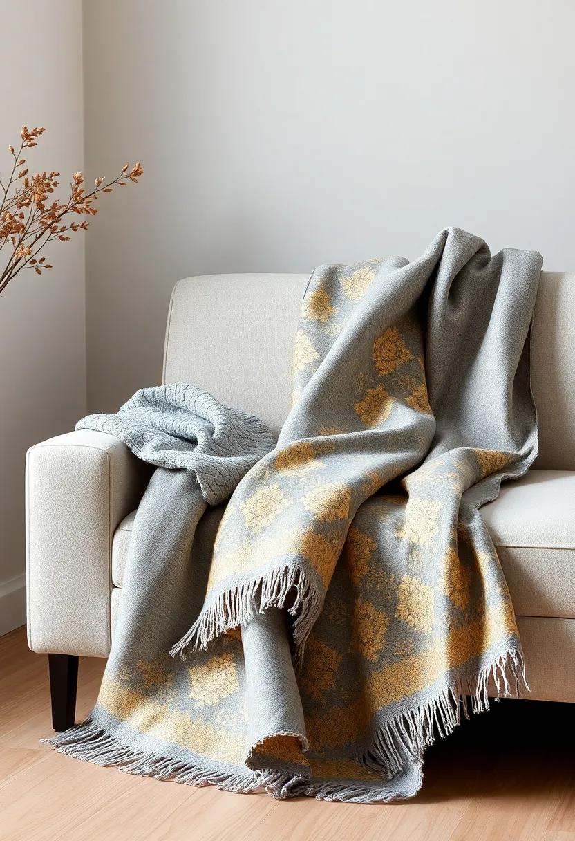 Throw Blankets: Layer soft⁢ gray ⁣throw ‍blankets with metallic ‌gold ‍patterns on sofas or beds ​for a ⁣cozy, yet refined, appeal