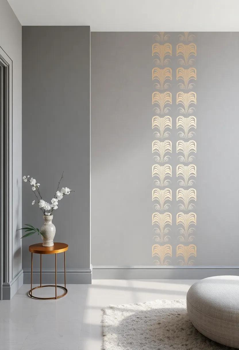 Accent Walls:‍ Create an accent wall with gold-patterned wallpaper to add interest and elegance to a primarily gray room
