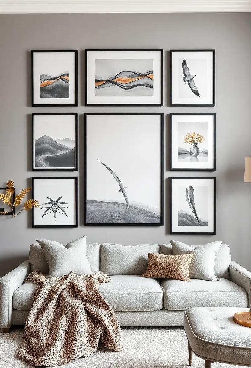 Mixed Media ‍Wall Art: Curate a gallery wall combining ⁢gray-framed art pieces⁣ with gold accents for a balanced and elegant visual rhythm