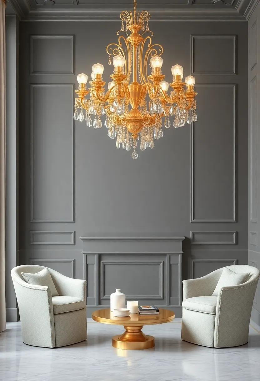 Opulent Lighting Fixtures: Opt for gold chandeliers or lamps to create stunning points of interest that illuminate the beauty of gray interiors