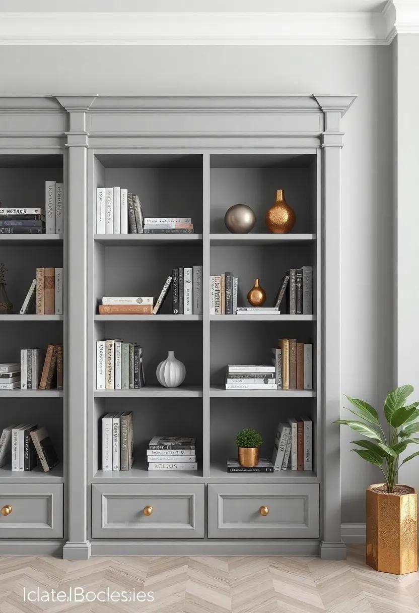 Gold Accented Bookshelves: Use gold bookends or decorative ​pieces on gray bookshelves to showcase your reading collection in style