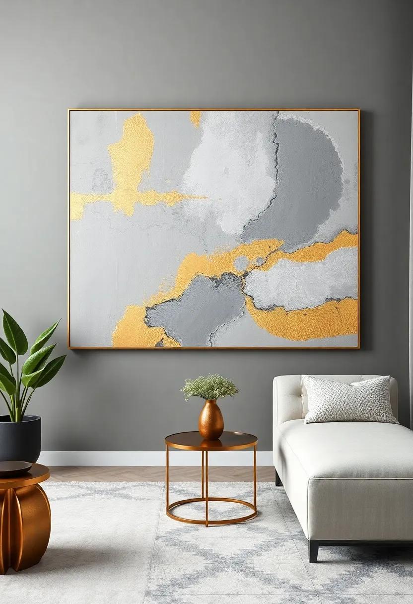 statement Art Pieces: Invest in a large-scale abstract painting with gray and gold tones that serves as a stunning focal point in any room