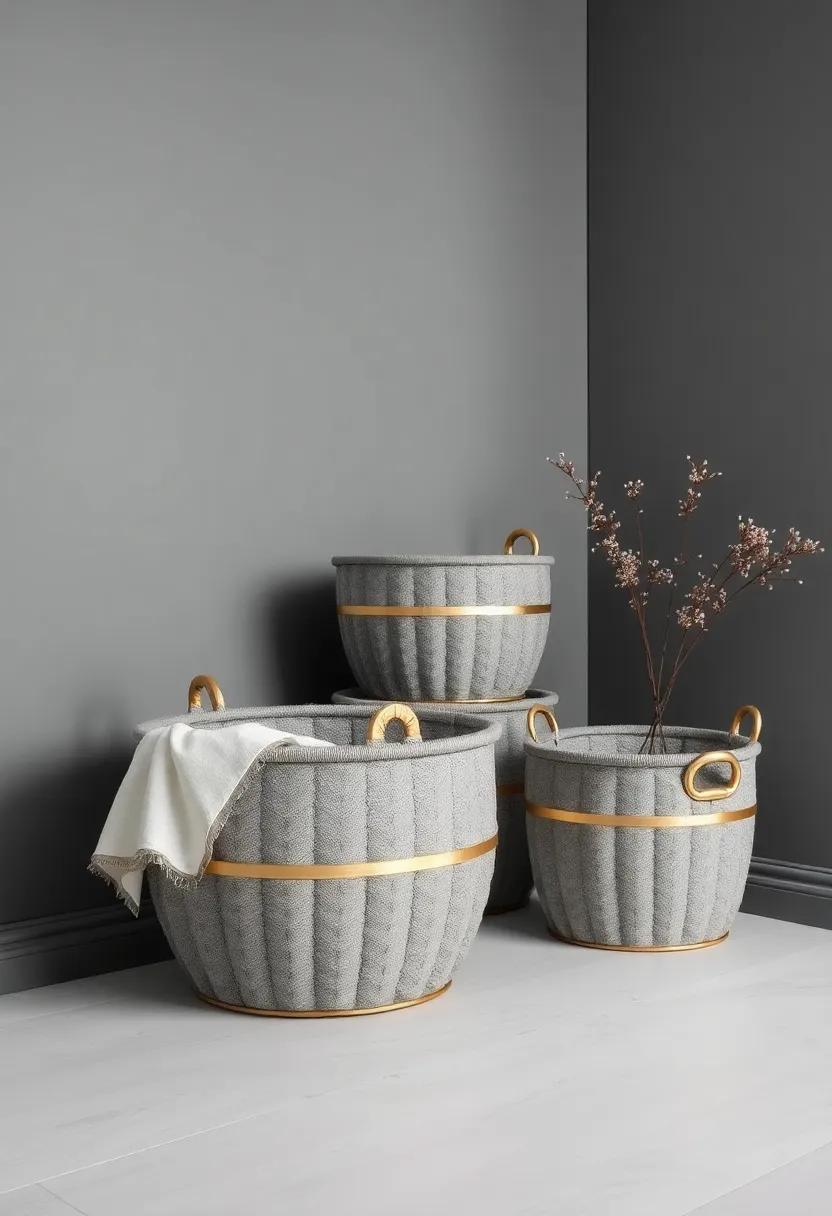 Gray Baskets: Incorporate gray storage baskets with gold ​detailing for a functional yet ​stylish organization solution around your home