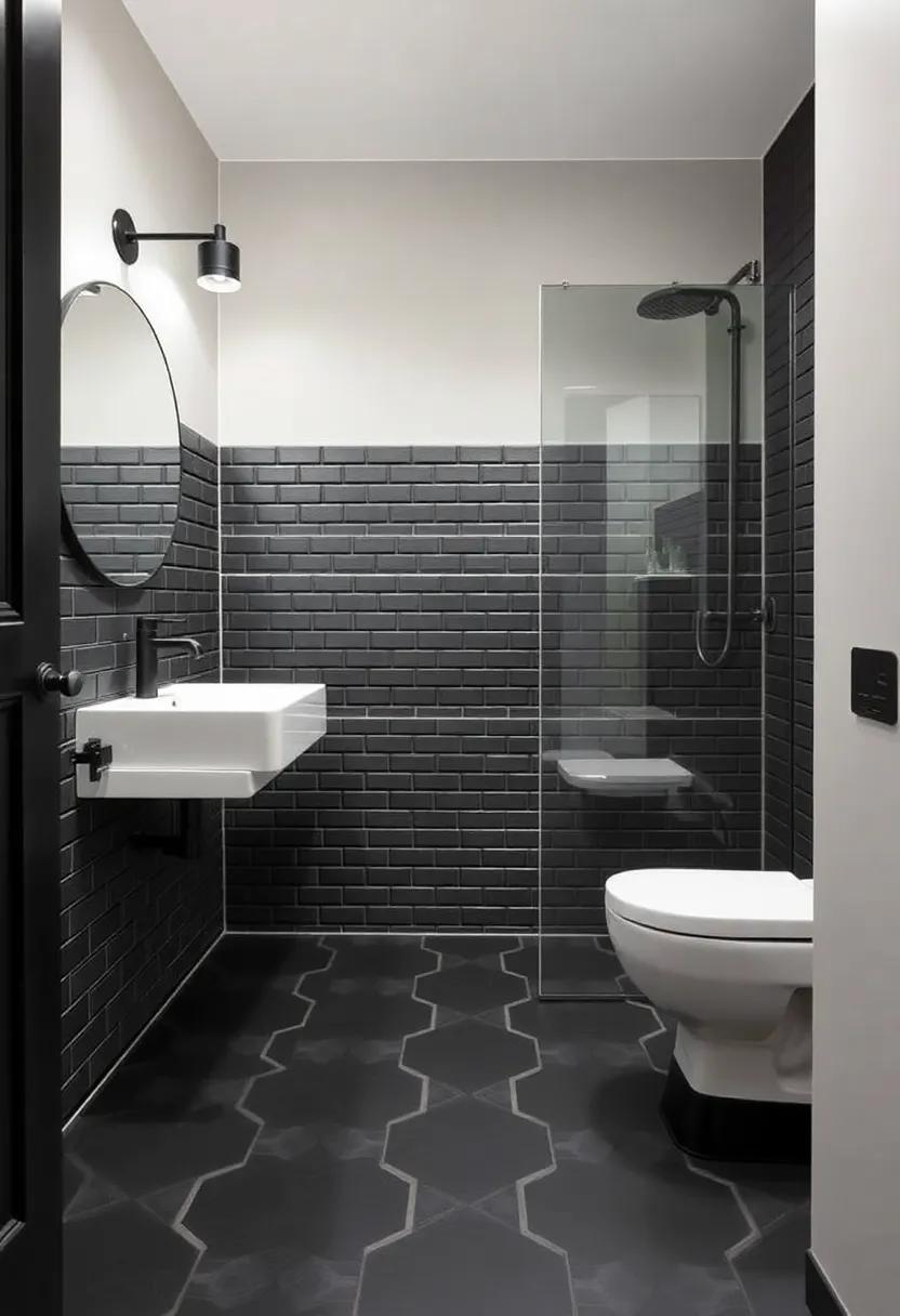16) Unique‌ Tile⁣ Patterns: Experiment with geometric matte‍ black tiles ‌on the floor to create a dynamic ⁤visual effect that draws attention and⁤ enhances‍ the industrial charm