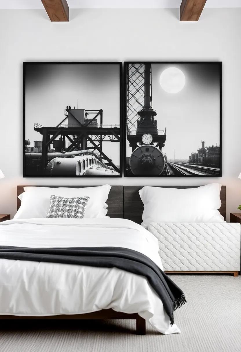 Graphic Black-and-White Photography: Choose oversized black-and-white photographs of industrial landscapes or machinery to make⁢ a bold statement ⁣on your​ walls