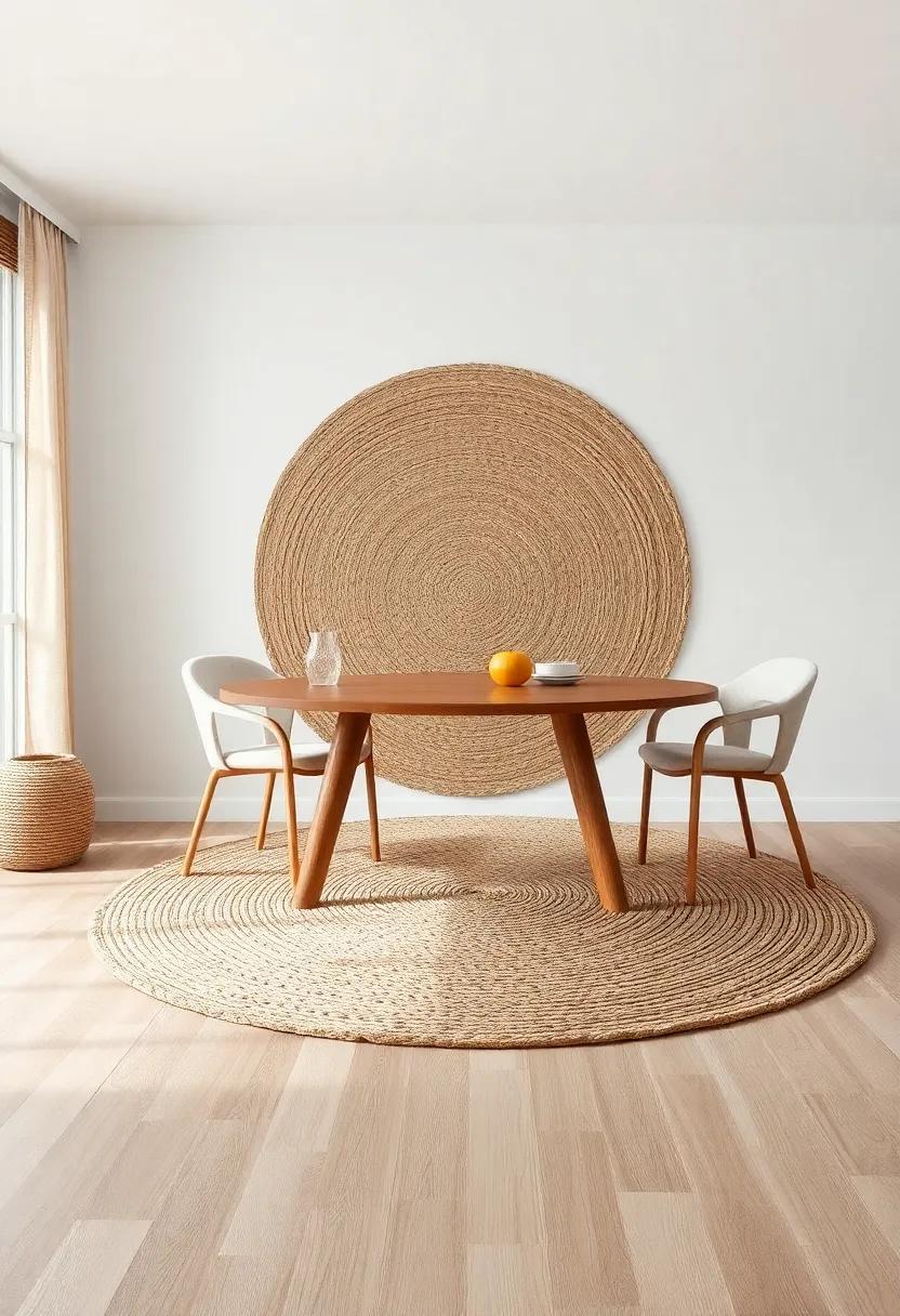 Multi-tonal Jute Circular Rug: This circular jute rug features a blend of earthy tones that harmonize beautifully, drawing together diverse design elements in your dining area