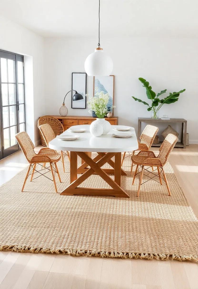Coastal Inspired Sea Grass Rug: Bring a touch of the seaside into your dining area with this sea grass rug, featuring a natural finish that exudes a relaxed, beachy vibe