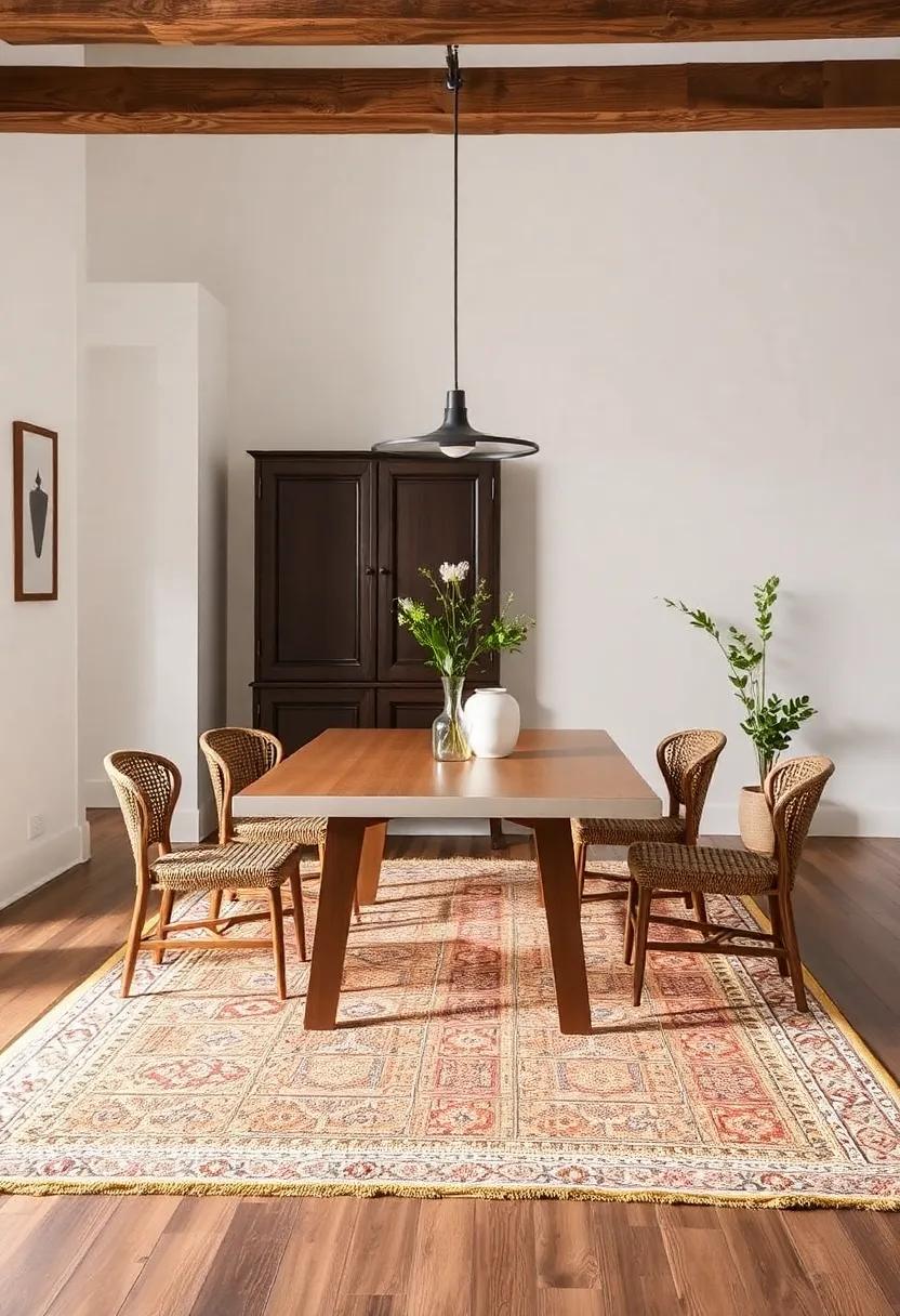 Vintage style Hand-Knotted Dhurrie Rug: Infuse your dining space with historical elegance using a hand-knotted Dhurrie rug, crafted with traditional techniques that celebrate heritage crafts
