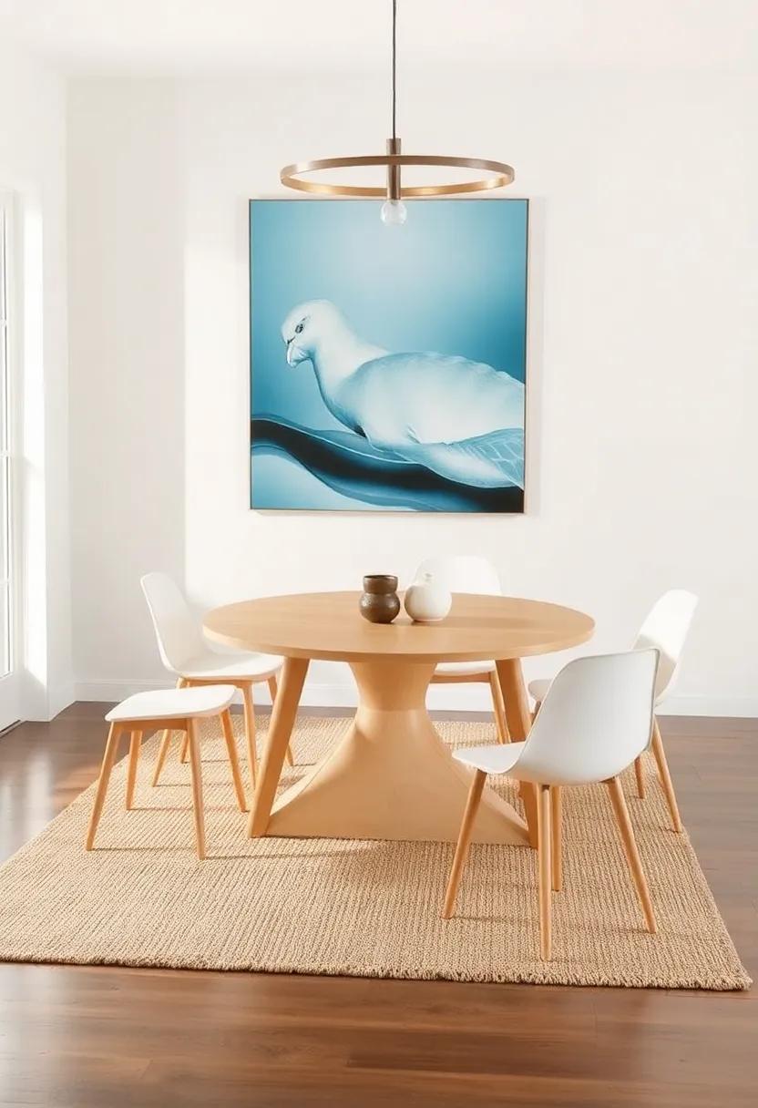 Reclaimed Cotton and Jute Blend Rug: This innovative rug weaves together recycled cotton and natural jute fibers, offering a unique texture and a pop of color to complement modern dining aesthetics