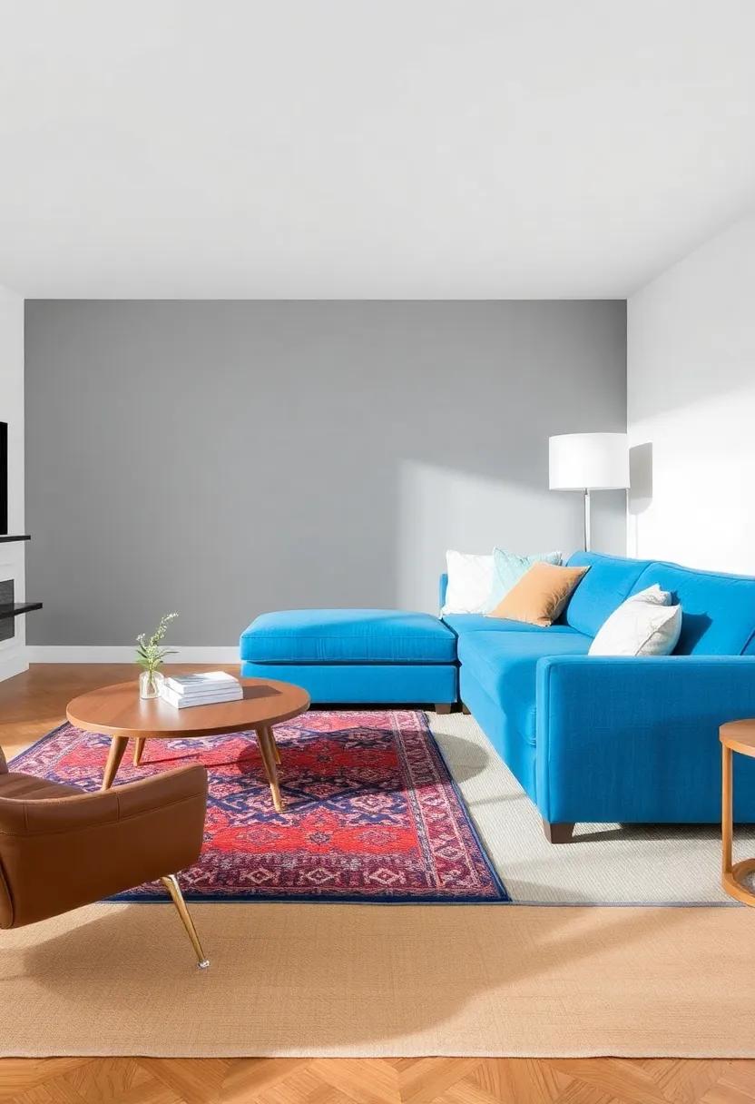 Layering Rugs: ‍Layer a neutral area rug beneath a vibrant patterned one ⁣to define your living space and ​highlight your eye-catching blue sofa