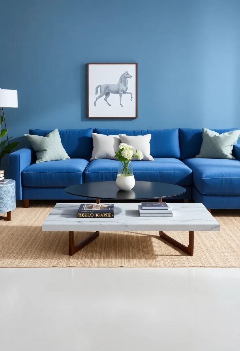Add a⁤ Statement Coffee Table: Choose a unique coffee table that can⁢ either contrast or harmonize with your blue sofa for a focal point in ⁣the room