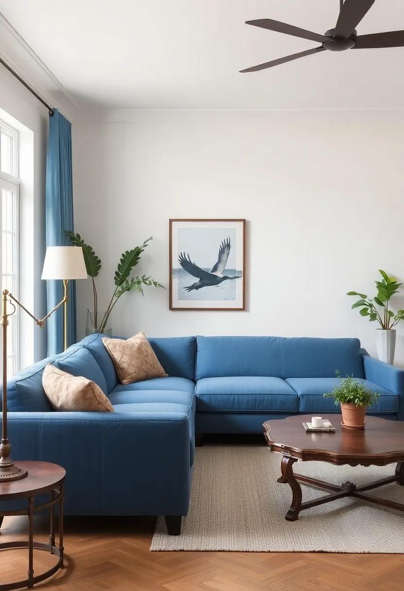 Integrate Vintage Finds: Mix in a⁢ few‍ vintage pieces,such as an antique side table or lamp,to add character and contrast against the modern aesthetic of your blue sofa