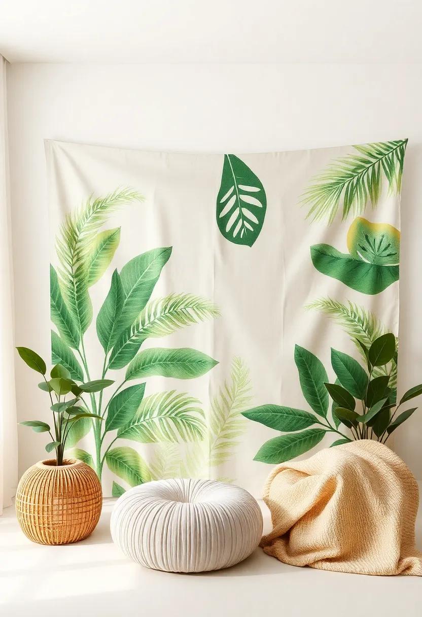 Hang nature-inspired ⁢tapestries that boast organic green and beige designs,⁣ adding texture and depth to your walls