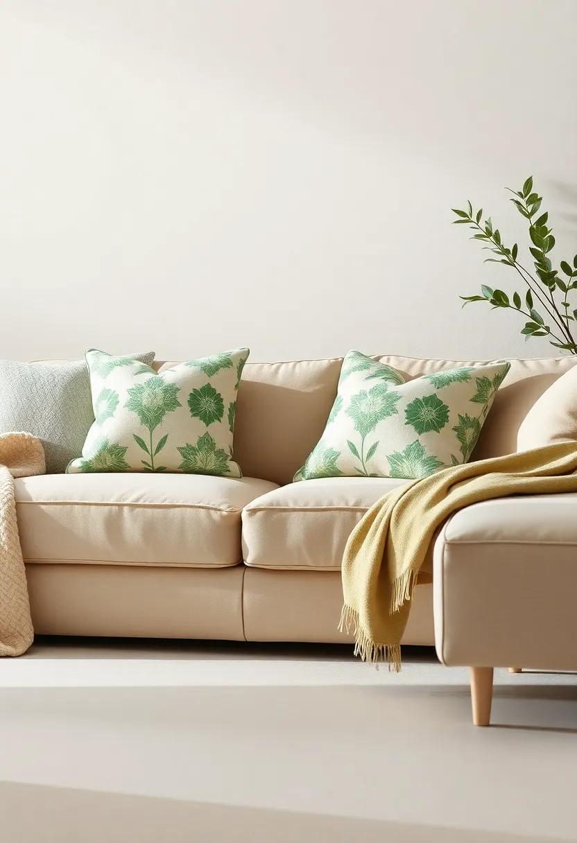 Consider using beige-themed throw pillows with subtle green patterns on your sofa to enhance comfort without overwhelming the visual space