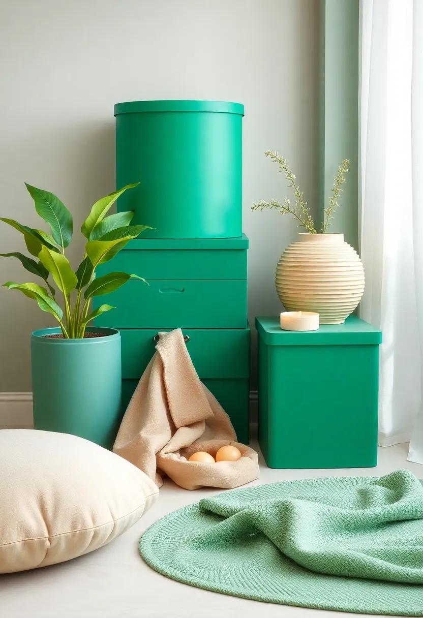 Use stylish green storage boxes⁤ to keep your space organized,merging functionality with decor that ‌aligns with your calming theme