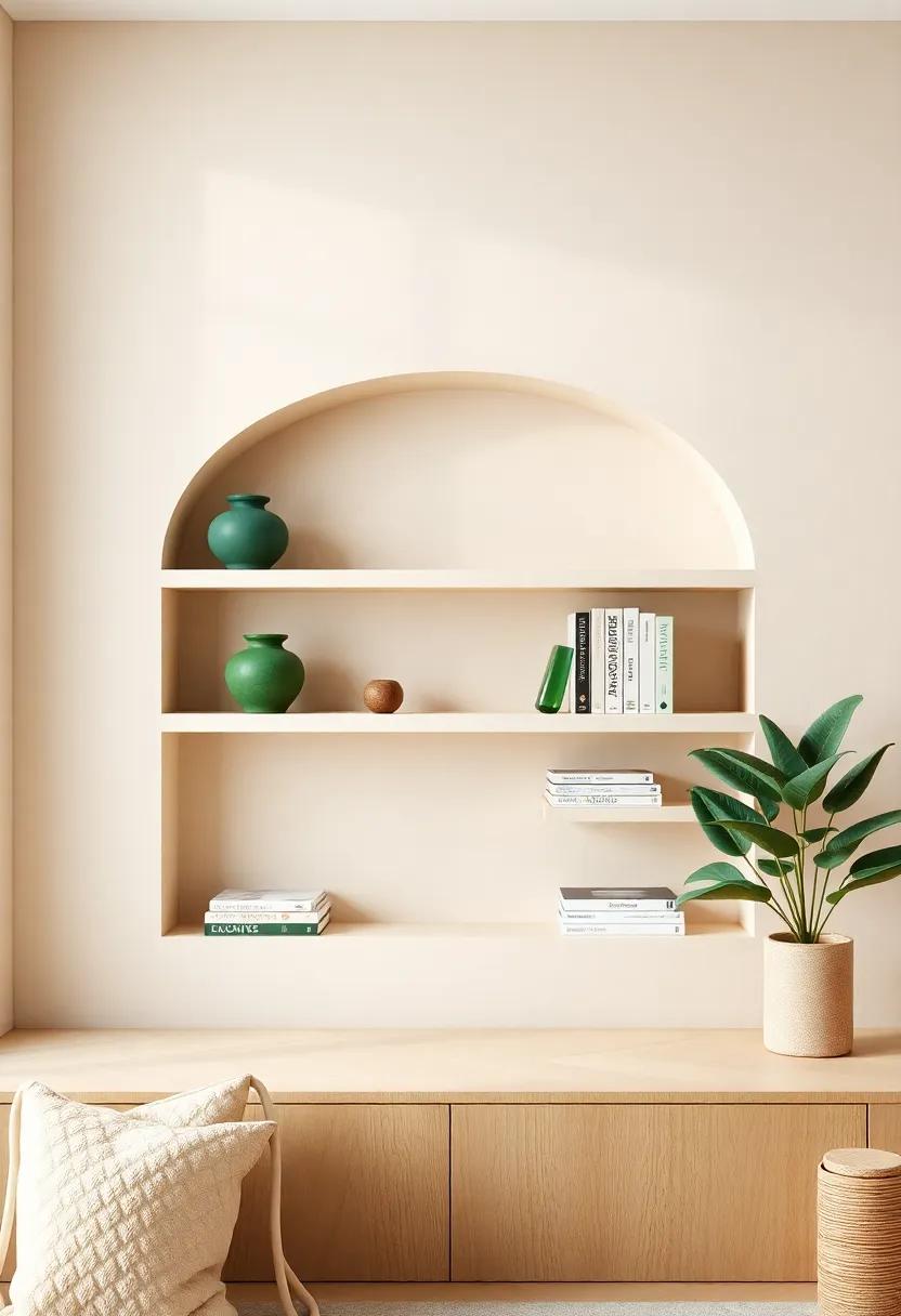 Use minimalistic beige shelving to display curated green pottery or books, bringing function and style to your ⁣walls