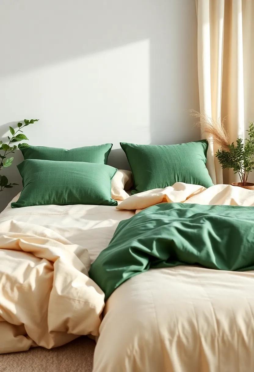 Choose eco-friendly, organic bedding in calming shades of green and beige, ensuring a restful night’s sleep in‌ a serene environment
